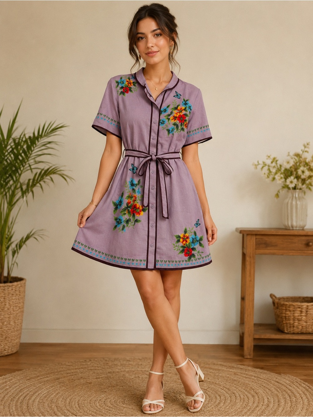 Floral Embroidered Lavender Shirt Dress with Tie Waist